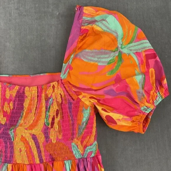 Crystal Sky Brush Pink Floral Tiered Puff Short Sleeve Cotton Midi Dress Size M - Picture 5 of 11